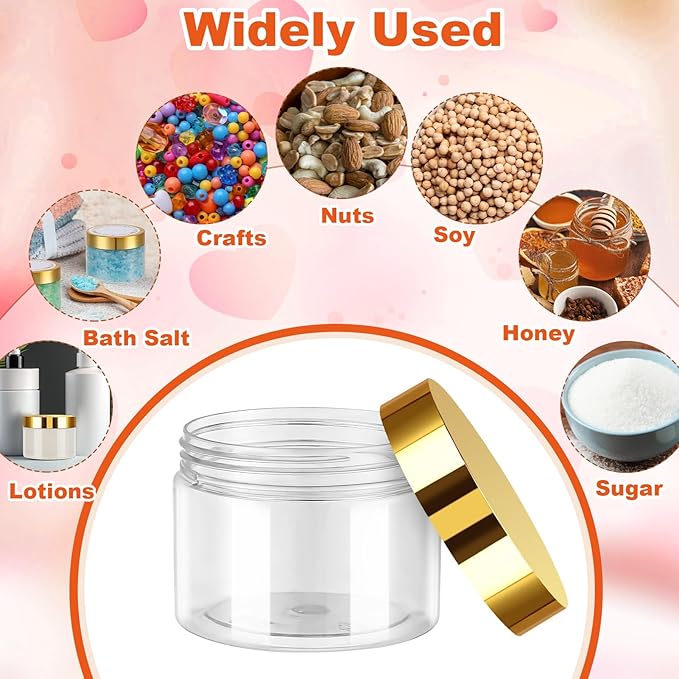32 Pack 5 oz Plastic Jars with Gold Lids, Clear Empty Body Butter Containers Travel Size Cosmetic Bottles for Make Up and Food Storage