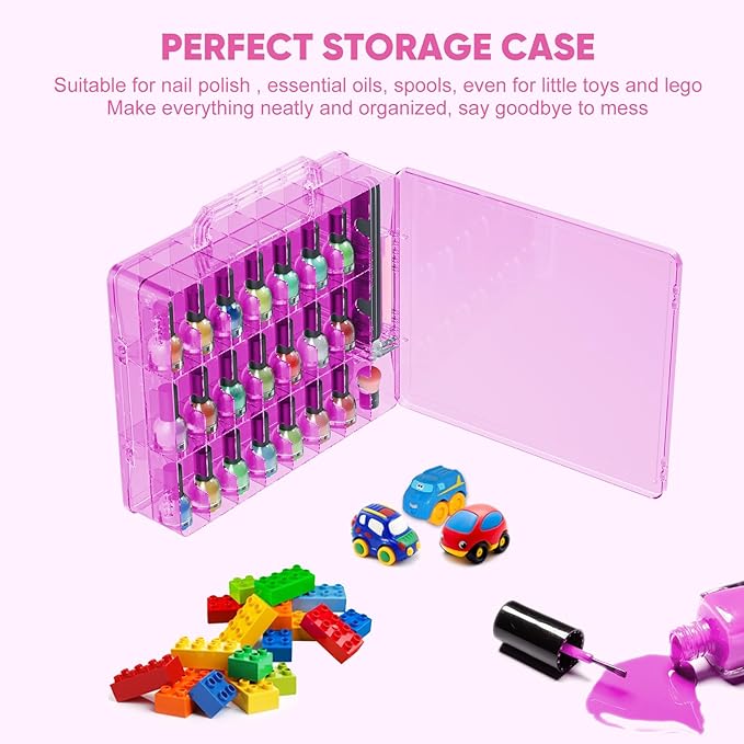 JIASHENG Nail Polish Organizer Case for 48 Bottles, Gel Nail Polish Storage Holder Double Side Adjustable Space Divider for Acrylic Nail Gel Dip Powder Tips Set with Two Toe Separator, Pink