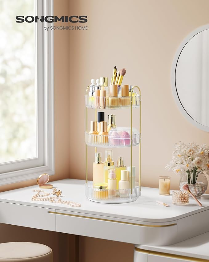 SONGMICS Makeup Organizer, 3-Tier Round Rotating Skincare Organizer Countertop, Customizable, Toiletries Vanity Organizer, Lazy Susan, Gift for Mom, Transparent UJKA011W02