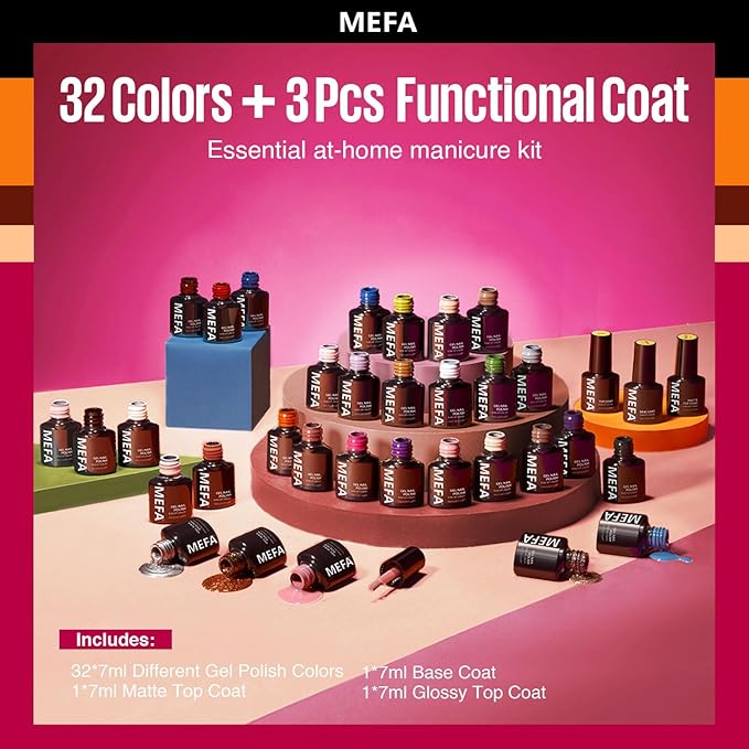 MEFA Gel Nail Polish Set, 32 Colors Burgundy Red Gel Polish Set Champagne Gold Glitter Nail Polish Gel Soak Off Dark Red Purple Shimmer Nude Brown Gel Nail Gifts for Women Girl DIY Salon Home Manicure