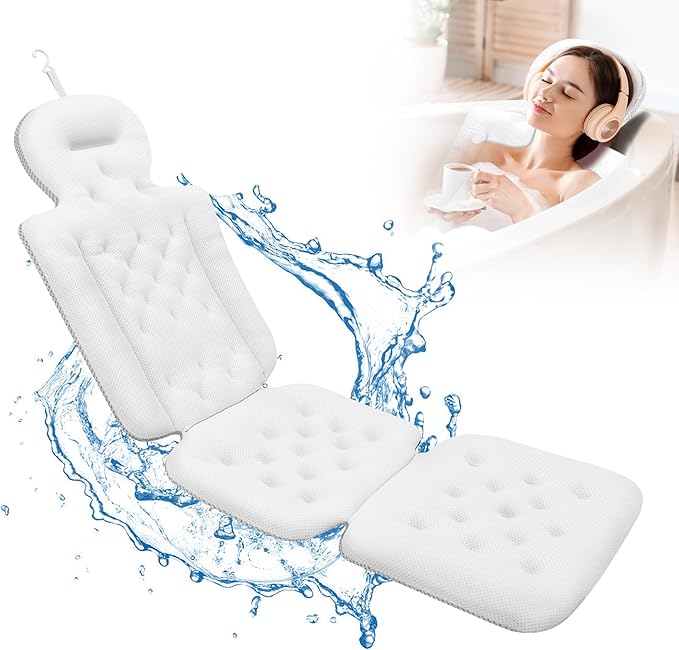Full Body Bath Pillow, Luxury Bath Cushion with 192 Suction Cups, Bath Pillows for Tub for Head and Neck Support, with Laundry Bag White, 51" x 16"