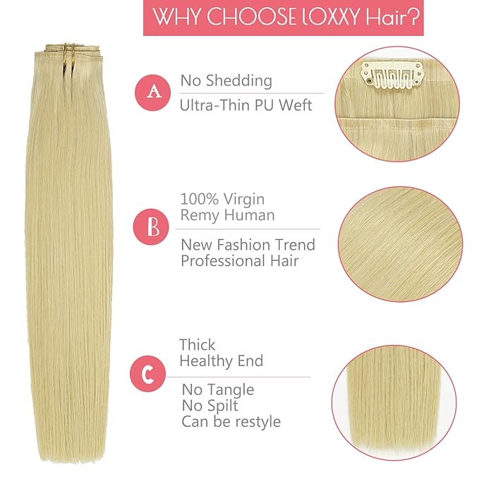 Loxxy Seamless Hair Extensions - 14Inch 110Gram 7Pcs Bleach Blonde #60 Highlights Clip in Human Hair Invisible PU Double Weft Natural Tape Clip in Human Hair For Women