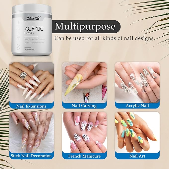 Professional Acrylic Powder for Nail Art. Long-lasting, Large capacity and quick dry. Quality Salon Manicure Nail extension CLEAR, PINK, & WHITE (16oz) (White)