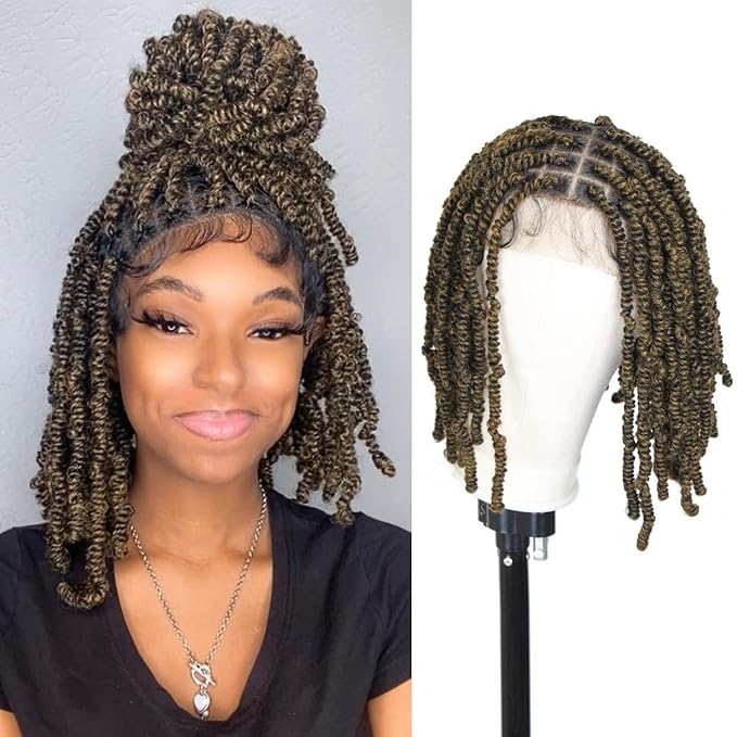 12 Inch Short Spring Twist Wig for Black Women, Ombre Brown Knotless Full Lace Wig With Baby Hair