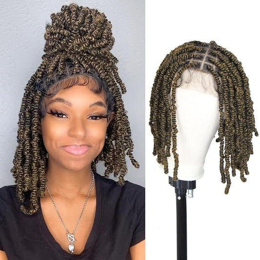 12 Inch Short Spring Twist Wig for Black Women, Ombre Brown Knotless Full Lace Wig With Baby Hair
