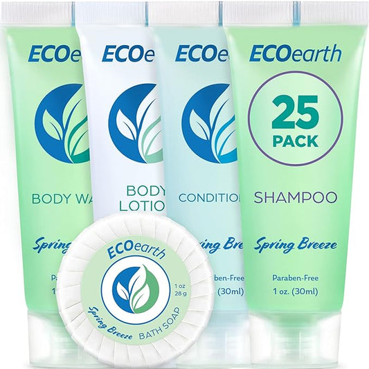 EcoEarth Hotel Toiletries Bundle (Spring Breeze, 1 oz Each, 125 Pieces) 5-Piece Set: 25 Each Round Bar Soap, Shampoo, Conditioner, Body Lotion & Body Wash - Bulk Mini Guest Amenities
