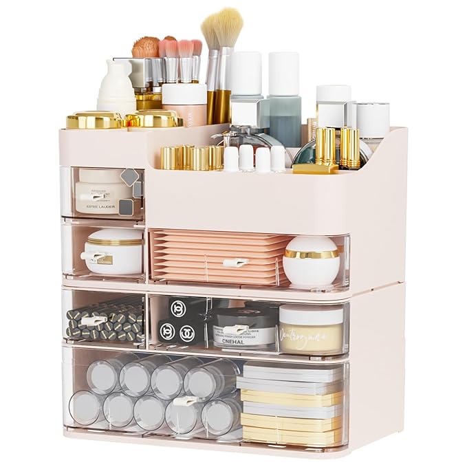 Make up Organizer With 6 Drawers,2 Pack Stackable Plastic Cosmetic Storage Organizer for Dresser and Vanity,Ideal for Beauty,Perfume,Brushes,Skincare Bathroom Organizers and Storage Counter,Pink