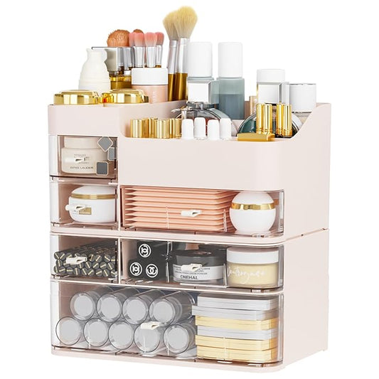 Make up Organizer With 6 Drawers,2 Pack Stackable Plastic Cosmetic Storage Organizer for Dresser and Vanity,Ideal for Beauty,Perfume,Brushes,Skincare Bathroom Organizers and Storage Counter,Pink