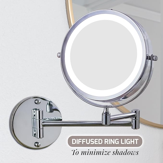 OVENTE 7" Lighted Wall Mount Makeup Mirror with 1X/10X Magnification, Cordless Double Sided Magnifying Round Vanity Mirror, 360° Swivel Design, Extendable and Folding Arm, Polished Chrome MFW70CH1X10X