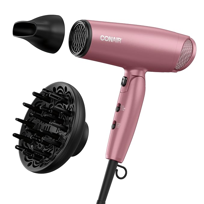 Conair Hair Dryer with Diffuser and Folding Handle, Travel Friendly Hair Dryer, Radiance Boost Blow Dryer for Less Frizz, More Shine, and Irresistibly Silky Hair, Includes Diffuser and Concentrator