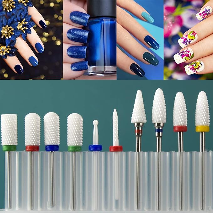 Feecy Nail Drill Bits Set Ceramic for Acrylic Nails Gel Polish Professional, 3/32 Inch Efile Nail Drill Bits Kit for Cuticle Safety Barrel Nail Art Tools with Holder, 10pcs (S10-C)