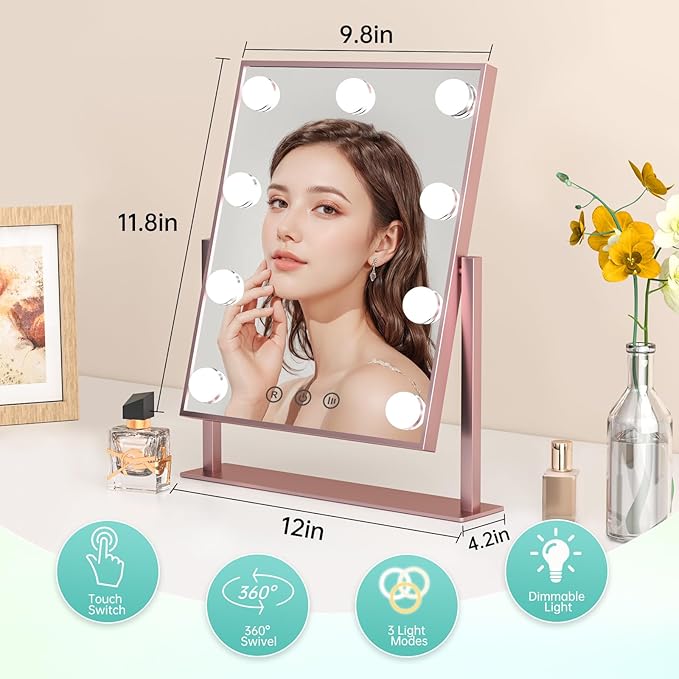 COSMIRROR Vanity Makeup Mirror with Lights, Hollywood Large Mirror with Lights, Lighted Vanity Mirror with 9 Dimmable Bulbs & 3 Color Modes,Touch Control Tabletop Makeup Mirror 360°Rotation