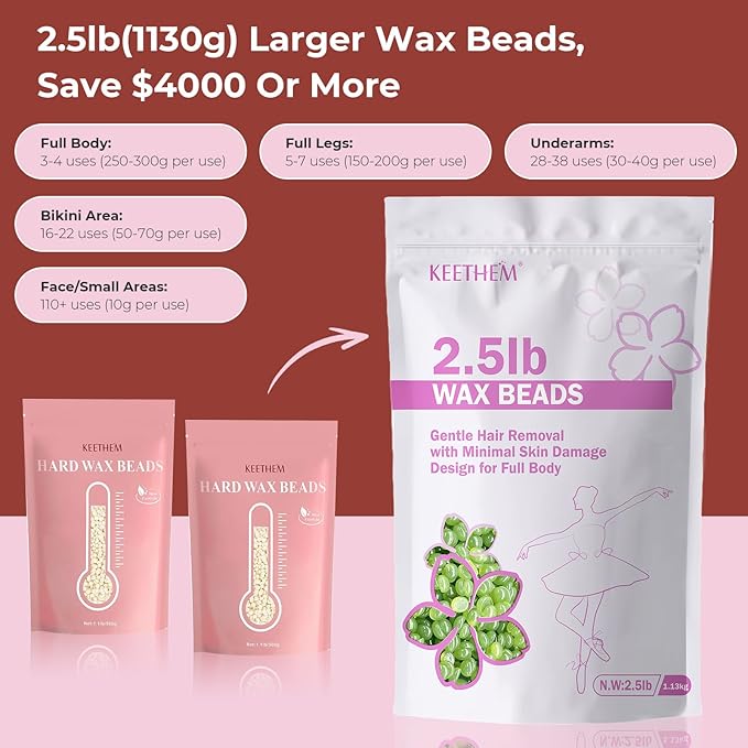 Wax Beads, Hard Wax Beads Hair Removal - 2.5 lbs Wax Beads for Sensitive Skin - Hard Wax Recommended for Full Body Bikini Brazilian Waxing (Aloe)