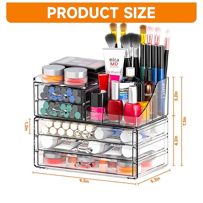 Cq acrylic Clear Make up Organizers and Storage for Vanity,2 Pcak Cute Skincare Organizer and Cosmetic Storage Organizer for Jewelry,Lipstick,Beauty,Skin Care Bathroom Counter Organizer With 5 Drawers