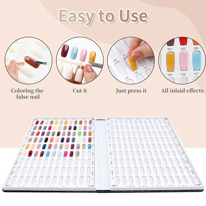 216 Colors Nail Display Chart, Nail Colors Book with 240 False Nail Tips, Professional Nail Gel Polish Organizer Color Card for Salon, Nail Swatches Book Sample Chart Tool Set (Black, 1 Pack)