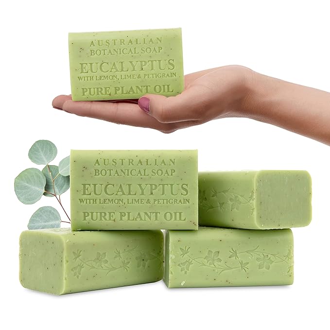 Australian Botanical Soap Eucalyptus with Lemon Lime and Petitgrain 6.6 oz Luxury Soap Bars Enriched with Shea Butter, Pack of 4
