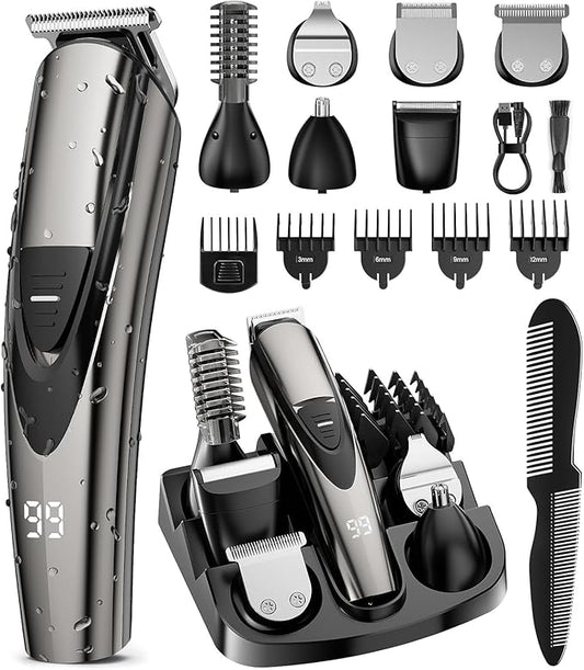 Electric Beard Trimmer for Men: 16-in-1 Professional Barber Hair Clippers - Cordless Grooming Kit - Turbo Speed & Precision Blades