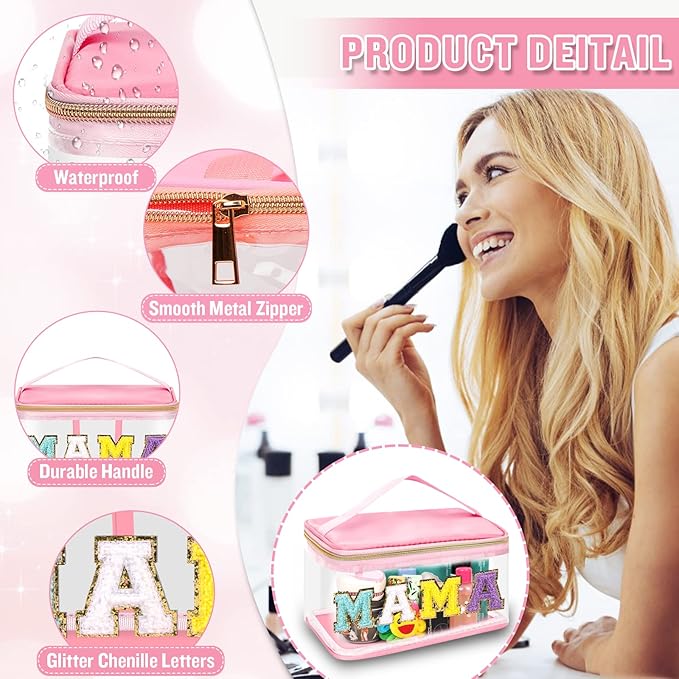 Chenille Letter Clear Makeup Bags Mama Pouch, Preppy Patch Makeup Bag Zipper with Handle, Transparent PVC & Nylon Waterproof Glitter Cosmetic Handbag Travel Toiletry Storage for Women Girl(MAMA-Pink)