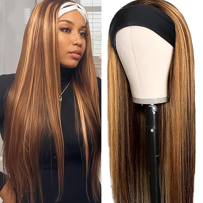 Aiterina Ombre Headband Wig Straight Human Hair Wigs for Women 4/27 Highlight Glueless None Lace Front Human Hair Headband Wig Brazilian Virgin Hair Wigs Human Hair 28 Inch