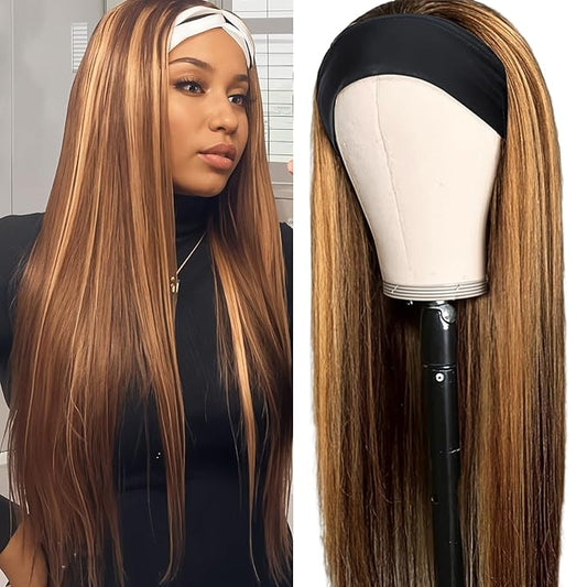 Aiterina Ombre Headband Wig Straight Human Hair Wigs for Women 4/27 Highlight Glueless None Lace Front Human Hair Headband Wig Brazilian Virgin Hair Wigs Human Hair 28 Inch