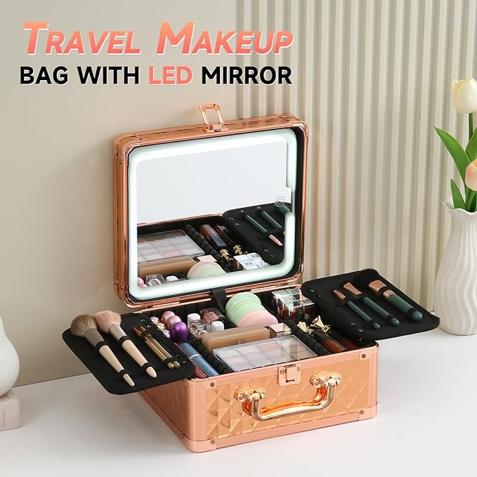 Leeora&Leekoo Makeup Box with LED Mirror & Aluminum Frame, Compact Multi-Layer Cosmetic Organizer - Portable ABS Travel Train Case for Makeup Storage(Gift for Girlfriend/Daughter) (Rose Gold)