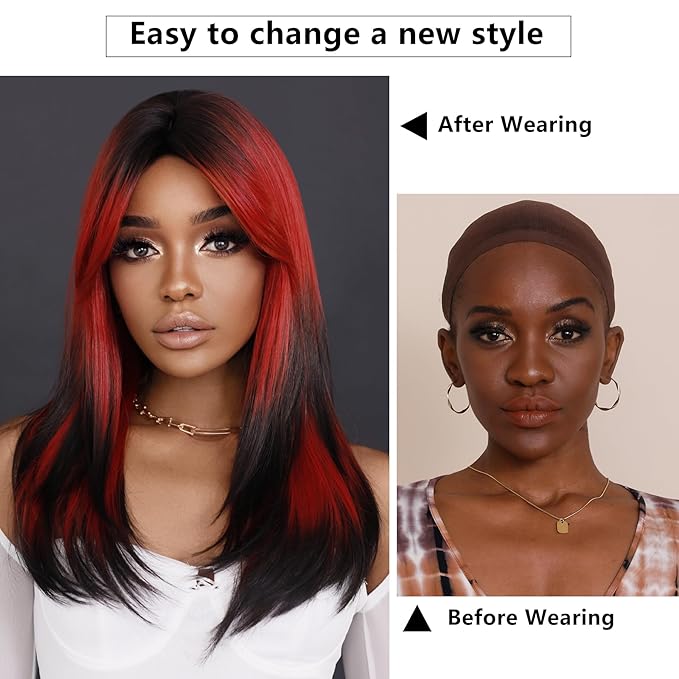 7JHH WIGS Long Wavy Wig Red and Black Layered Wig with Curtain Bangs, Synthetic High Density Heat Resistant Hair Straight Wig ends dyed black for Daily Party 25 Inches