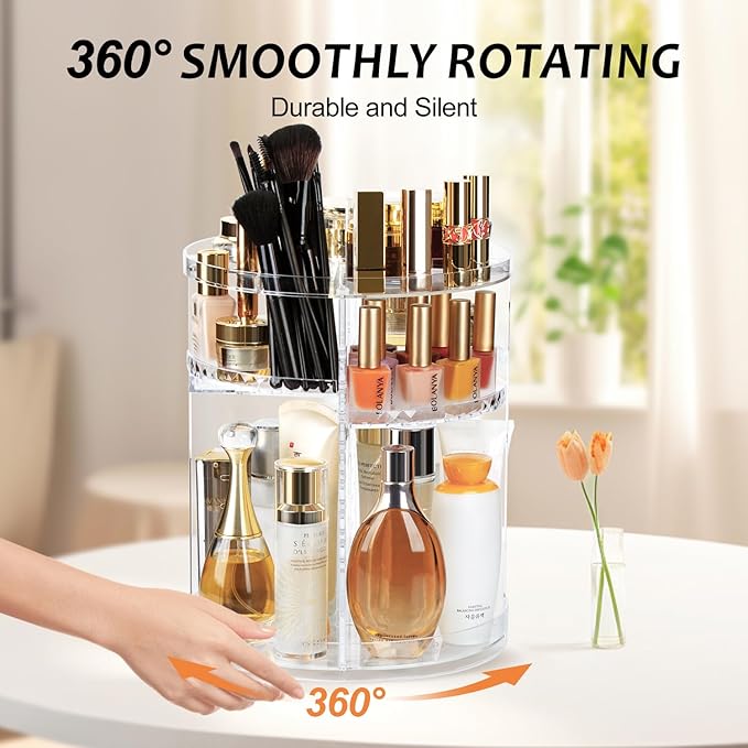 AMEITECH Rotating Makeup Organizer, 360 Spinning Skincare Organizers, 8 Adjustable Layer Cosmetic Storage Case with Brush Holder Perfume Tray for Vanity Bathroom Countertop - Large