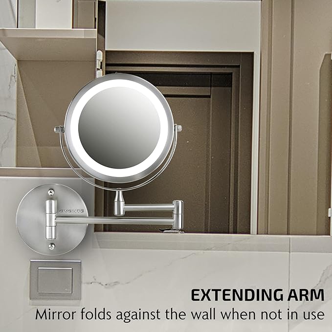 OVENTE 7" Lighted Wall Mount Makeup Mirror with 1X/7X Magnification, Cordless Double Sided Magnifying Round Vanity Mirror, 360° Swivel Design, Extendable and Folding Arm, Nickel Brushed MFW70BR1X7X