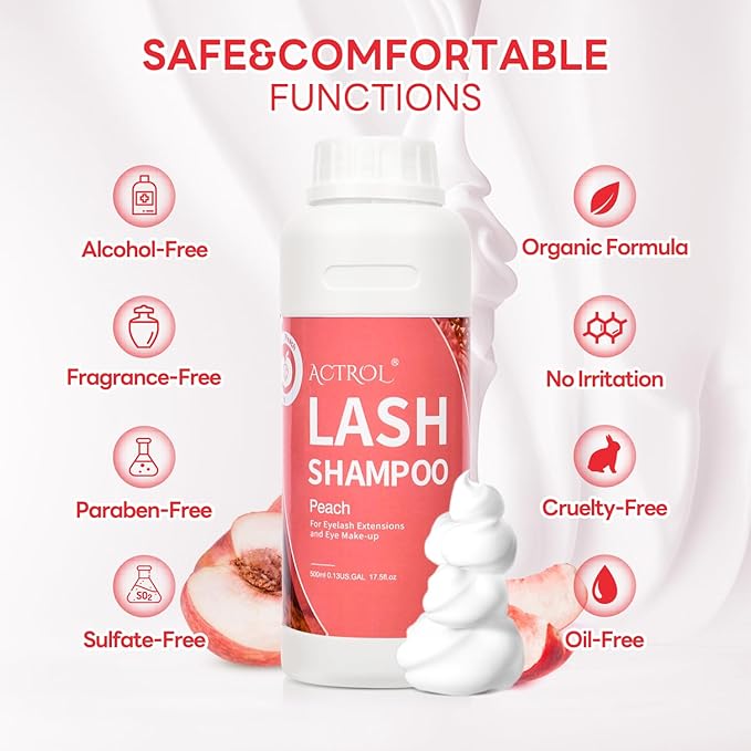 Lash Extension Cleanser Peach 500ml Eyelash Shampoo Lash Wash Shampoo Lash Cleanser Foam with Salon and Home Care