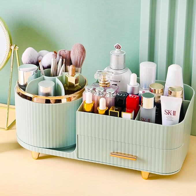 Rotating Makeup Organizer for Vanity with Brush Holder and Drawer, Cosmetic Makeup Storage, Large Spinning Makeup Skincare Organizer, Countertop Makeup Perfume Organizer, Lotions Display Case (Green)