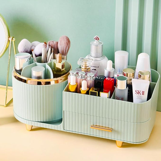 Rotating Makeup Organizer for Vanity with Brush Holder and Drawer, Cosmetic Makeup Storage, Large Spinning Makeup Skincare Organizer, Countertop Makeup Perfume Organizer, Lotions Display Case (Green)