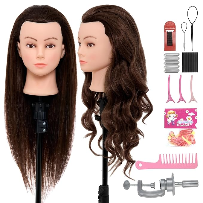 28Inch 60% Real Hair Mannequin Head,Doll Head for Hair Styling Braiding Curling,Cosmetology Mannequin Head with Hair with Table Clamp Hair Styling Set(Dark Brown)