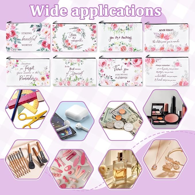 16PCS Canvas Cosmetic Bag Bulk Inspirational Quotes Makeup Bags Encouragement Travel Pouch Zipper Cosmetic Pouch Appreciation Gift for Women Teacher Friend Birthday Graduation(Flower)