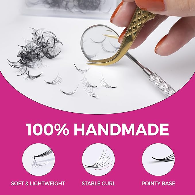 500 Promade Fans - 10D 0.03 Size 13mm Curl C - Mega Volume Premade Lash Fans for Eyelash Extensions Middle Stem Handmade Loose Pre Made Eyelash Fluffy Soft Pointy Base