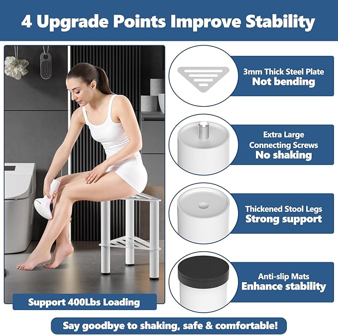Metal Corner Shower Foot Stool for Shaving Legs, Shower Foot Rest Bench for Iwe Shower with Storage Shelf, Small Step Stools, Waterproof Non-Slip Bath Stool to Sit (White)