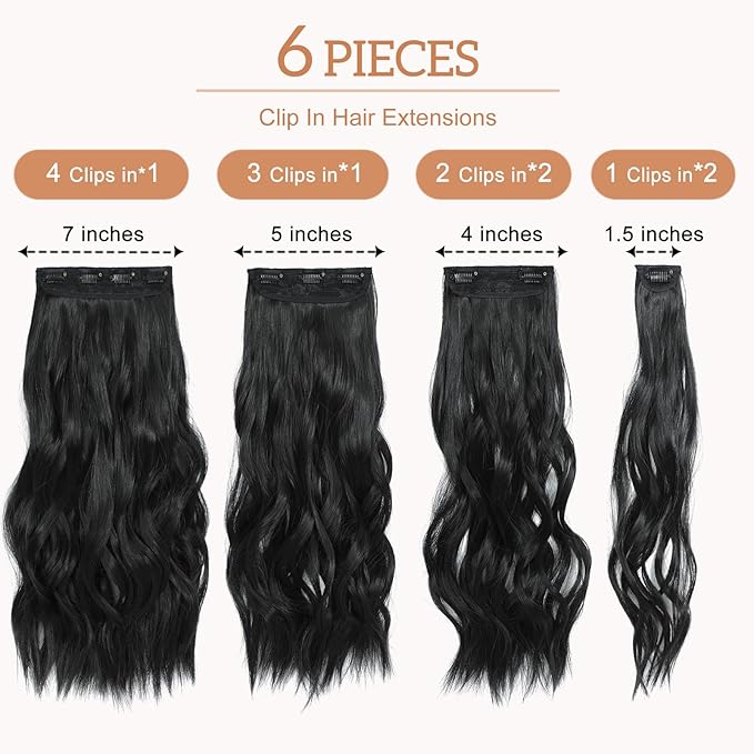 Clip in Hair Extensions for Women,Natural Black Extensions, 20 Inch 6PCS Hairpieces Long Wavy Soft Thick Hair Extensions clip ins