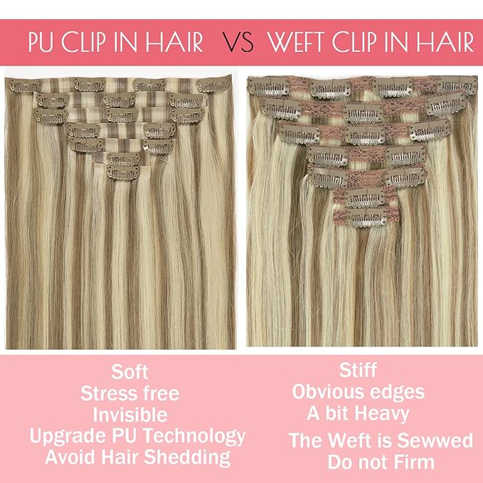 Loxxy Seamless Human Hair Clip in Extensions 22Inch Piano Light Ash Brown Mixed With Platinum Blonde Clip in Hiar Extensions Real Human Hair With PU Weft Silky Straight Seamless Clip ins 110g 7pcs