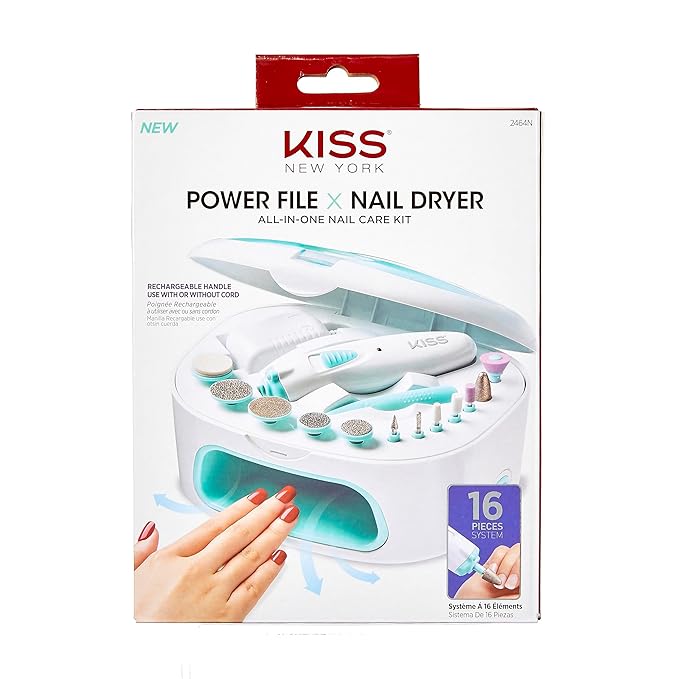 KISS New York Power File X Nail Dryer, Electric Nail File & Nail Dryer System, Includes 12 Attachments, Rechargeable Handle, Cuticle Pusher, A/C Adapter, & Storage Case