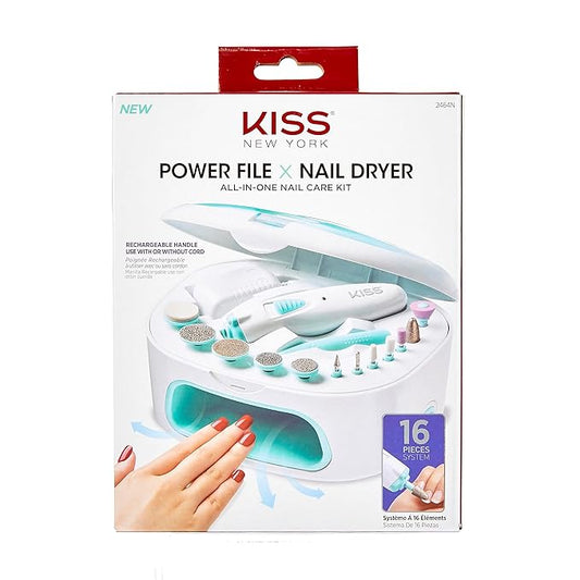 KISS New York Power File X Nail Dryer, Electric Nail File & Nail Dryer System, Includes 12 Attachments, Rechargeable Handle, Cuticle Pusher, A/C Adapter, & Storage Case