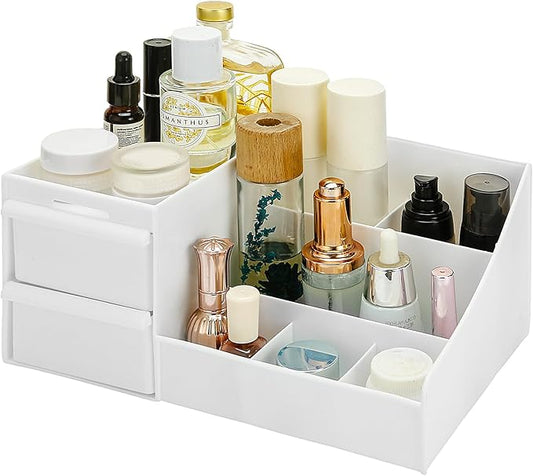 skin care organizer,Makeup Desk Organizer With Drawers,Countertop Organizer for Cosmetics,Vanity brush with Holder for Lipstick, Brushes, Eyeshadow, and Desktop (Large-White)