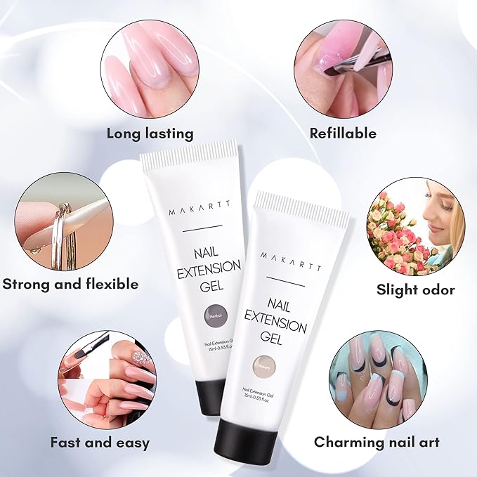Makartt Poly Nail Gel Kit, High Tea Collection,Extension Build Enhancement All-in-one Kit for BeginnerTechnician with Base Top Coat Nail Brush File Dual Forms Tools 15ML 4 Colors