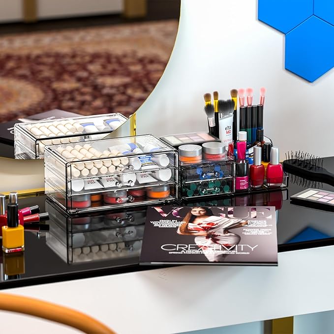 Cq acrylic Clear Make up Organizers and Storage for Vanity,2 Pcak Cute Skincare Organizer and Cosmetic Storage Organizer for Jewelry,Lipstick,Beauty,Skin Care Bathroom Counter Organizer With 5 Drawers