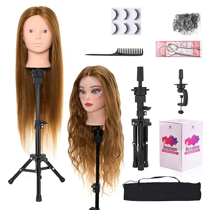 Mannequin Head 60% Human Hair with Tripod Stand,28 Inch Make up Cosmetology Manikin Practice Doll Head with Hair,Braiding Hairdressing Head for Hair Styling with Table Clamp + DIY Hair Styling Set