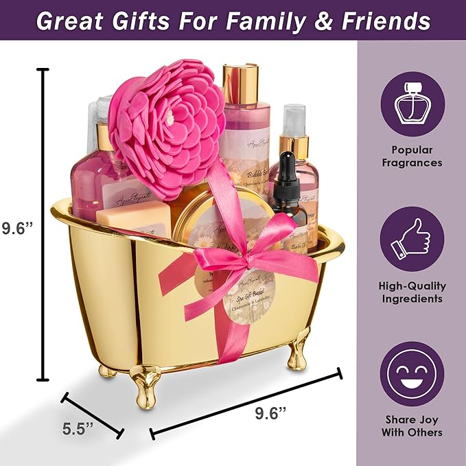 Spa Gift Baskets For Women - Luxury Bath Set With Lavender & Chamomile - Spa Kit Includes Body Wash, Bubble Bath, Lotion, Body Butter, Soap, Body Spray, Shower Puff, and Towel