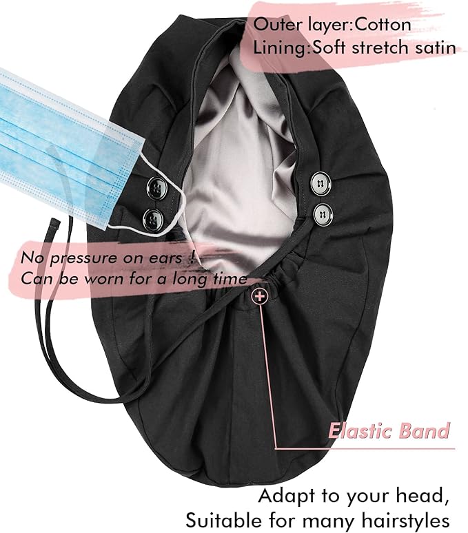 Satin Lined Work Cap with Button for Long Hair Women