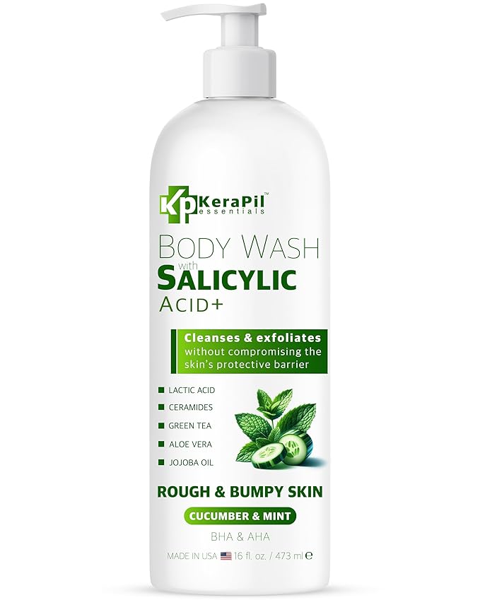 Exfoliating Body Wash with Salicylic Acid - No Dry Out, Gentle Exfoliates Rough and Bumpy Skin, Body Acne Wash, BHA & AHA - Cucumber and Mint Salicylic Acid Body Wash - (16 fl oz)