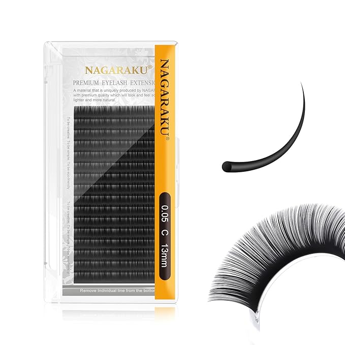 NAGARAKU Eyelash Extensions Individual Lashes 0.05mm C curl 13mm Classic Super Matte Black Soft Natural Faux Mink 16 rows Stable curl