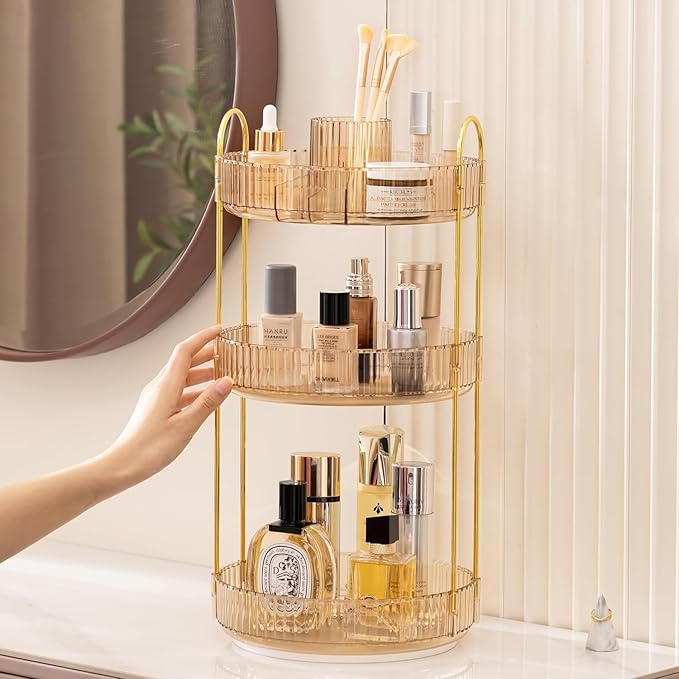 HBlife 360 Rotating Makeup Organizer, 3 Tier Perfume Organizer Skincare Organizer Large Capacity Cosmetic Storage for Bathroom, Vanity, Countertop, Glod