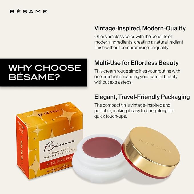 BESAME Rose Pink Cream Rouge - 1959, Highly Pigmented, Matte Finish, Multi-Use for Lips and Cheeks, Vintage-Inspired Reusable Tin, Long-Wearing, Sensitive Skin Friendly
