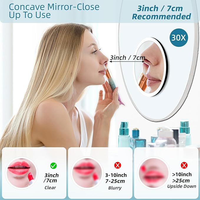 30x Magnifying Mirror with Light, Large 6" Rechargeable Lighted 30x Magnified Mirror with Suction Cups & Table Stand, 3 Color Modes Dimmable Light up Travel Magnifying Makeup Mirror High Magnification